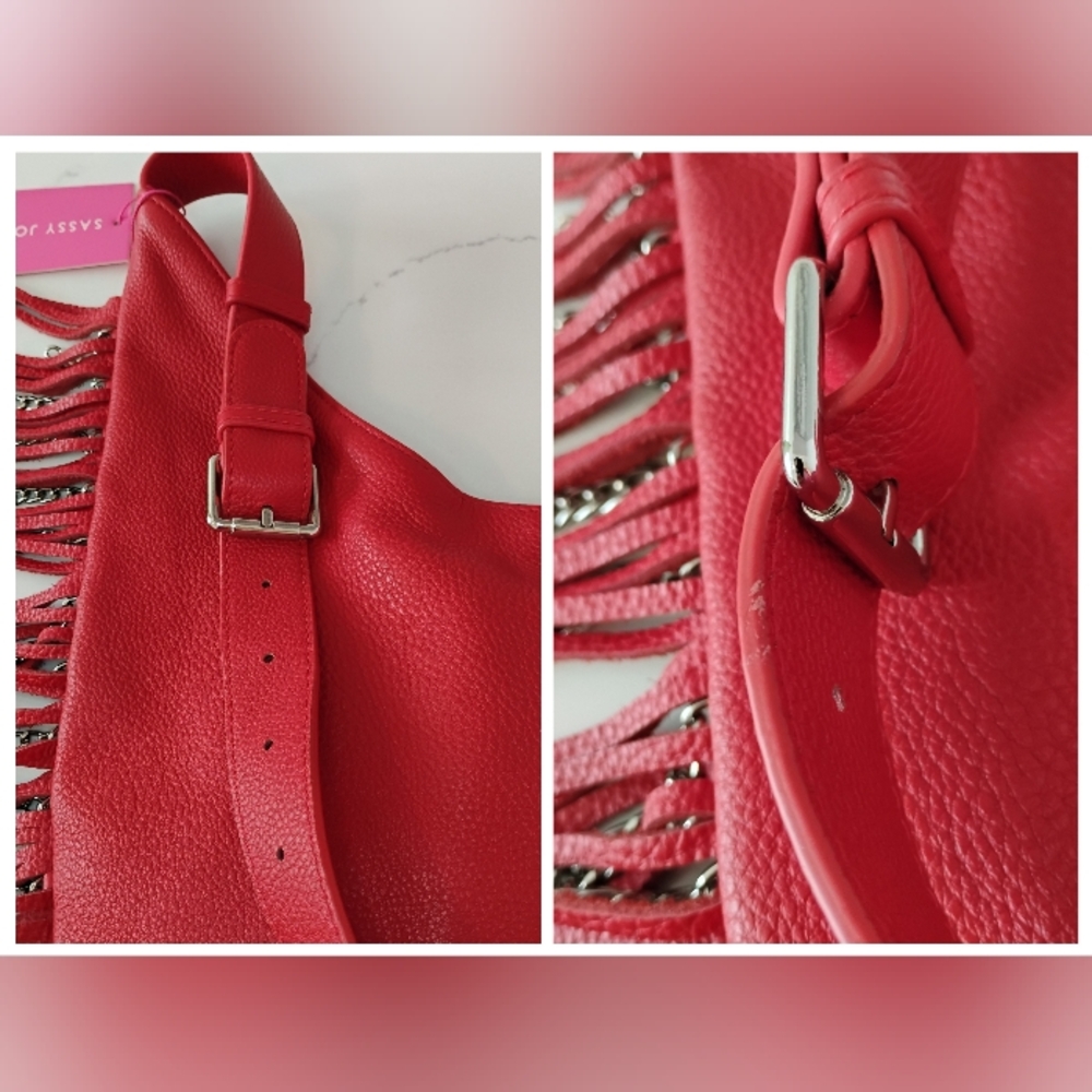 NWT Sassy Jones Leather Bag - Red Dina Pebbled Leather Fringe Crossbody Hobo - Picture 10 of 13